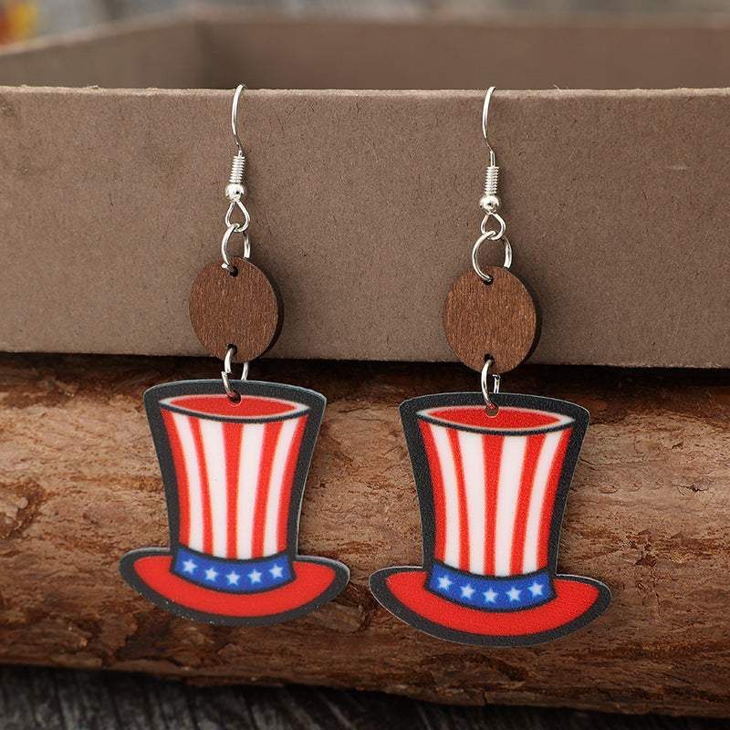 Wholesale Magic Hat Printed US Flag Acrylic Splicing Wood Pieces  Independence Day Earrings