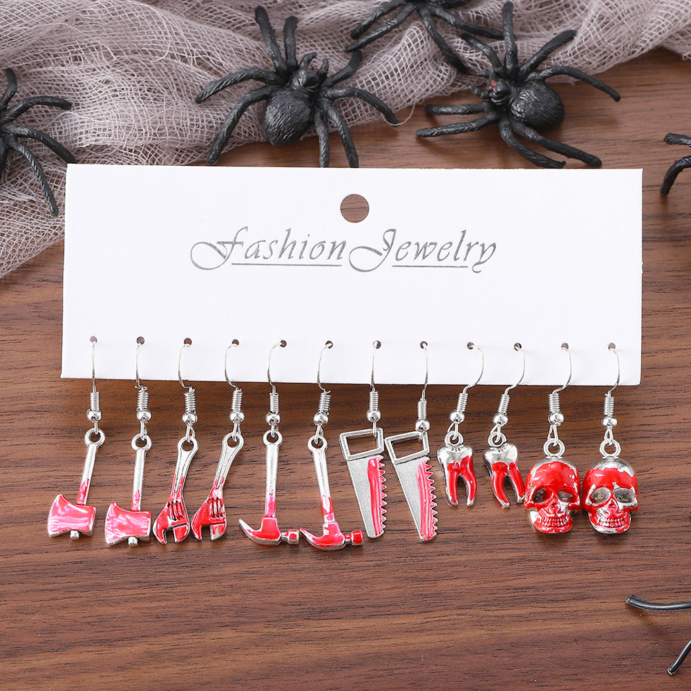 Wholesale Gothic Tool Skull Earring Set For Women 6 Piece Zinc Alloy Electroplated Wrench Axe Saw Hammer Earrings Trendy Party Jewelry Accessory