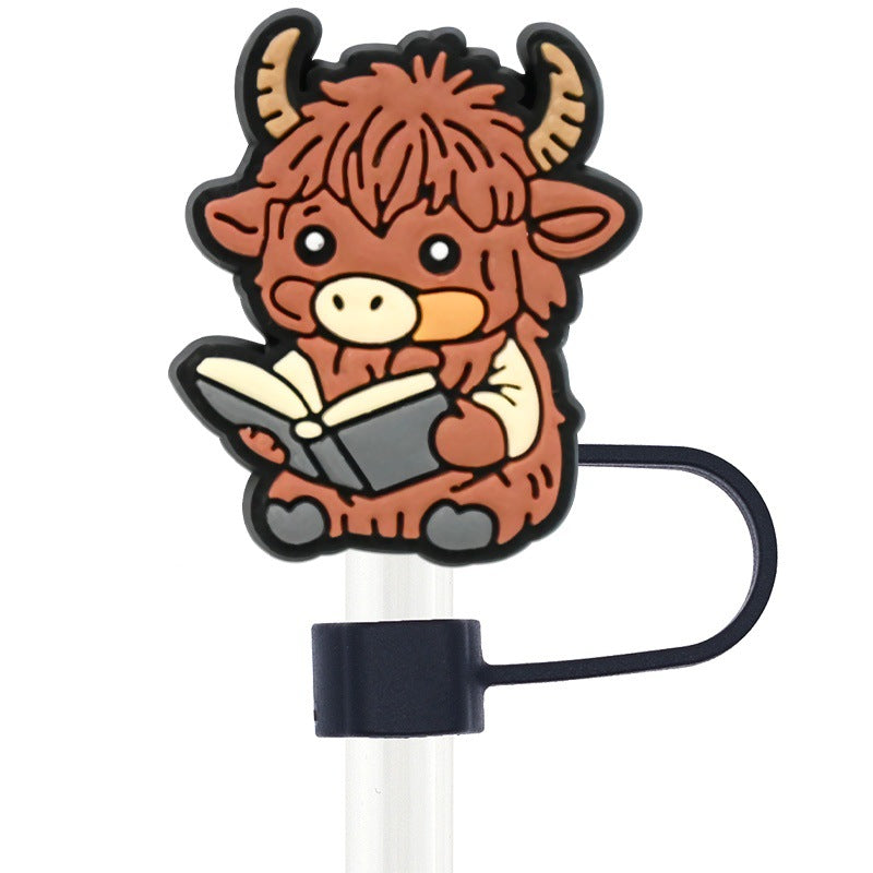 Wholesale Random 100pcs Cartoon Highland Cow  10mm PVC Soft Straw Tube Cap