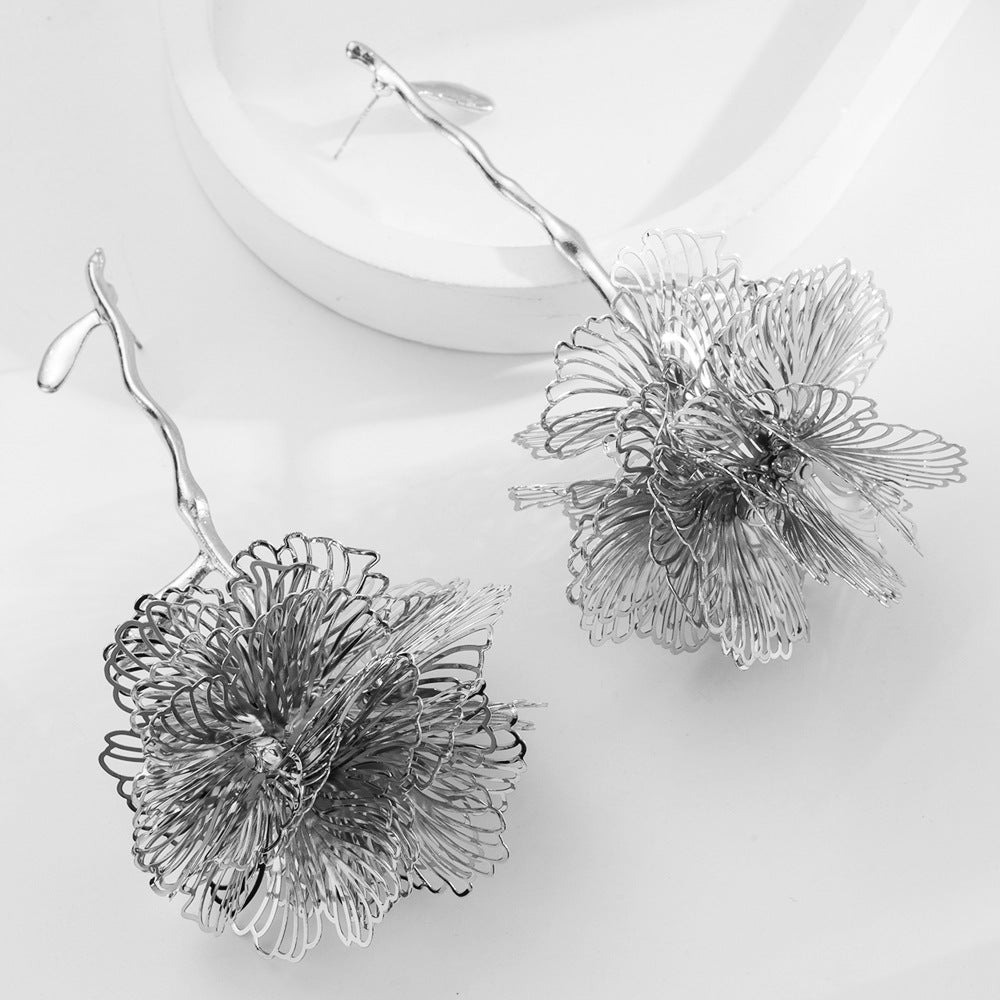 Wholesale Light Luxury Earrings  Exaggerated Stereo Branches Flower Hollow Silver Pin Earrings