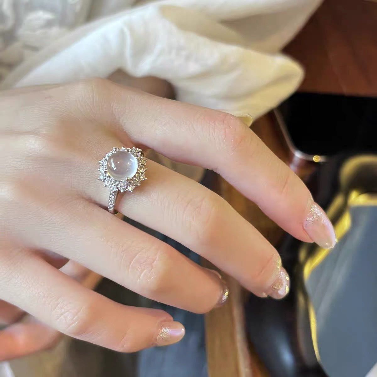 Wholesale Chinese Style White Chalcedony Ring,  Adjustable Trendy Jewelry Accessory