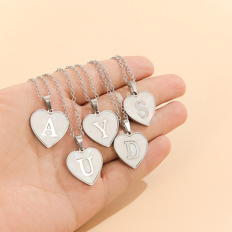 Wholesale 26 English Letters Heart Inlaid Shell Titanium Steel Necklace ACC-NE-DingChao002