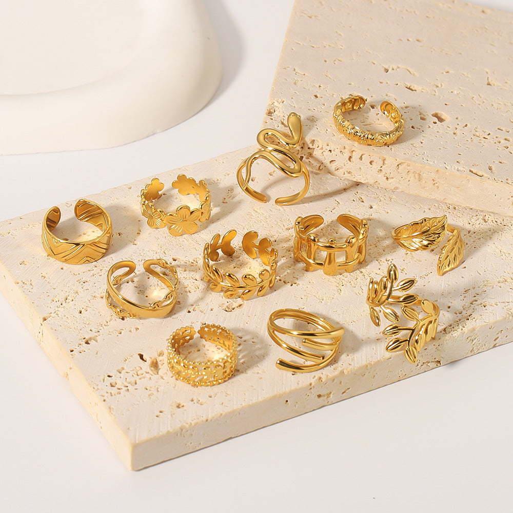 Wholesale Leaf Geometric Hollow Flower 18k Gold Plated Snake Shaped Titanium Steel Ring Stainless Steel ACC-RS-Xiny002