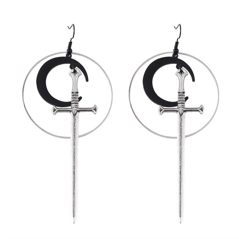 Wholesale Gothic Silver Circle Black Moon Sword Earrings