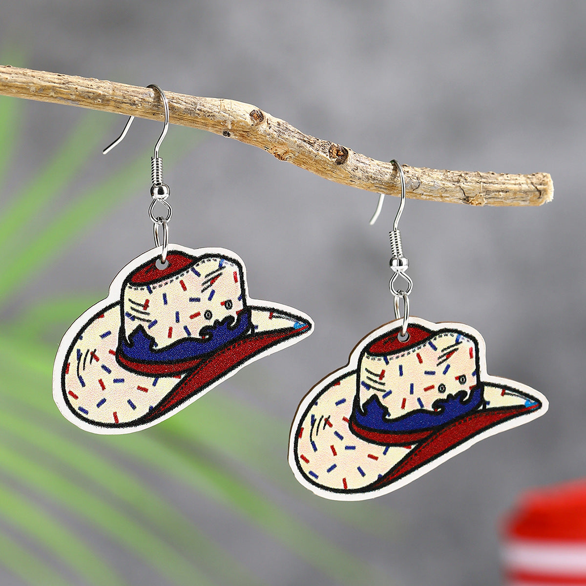 Wholesale  US Independence Day Element Wooden Cowboy Hat Earrings