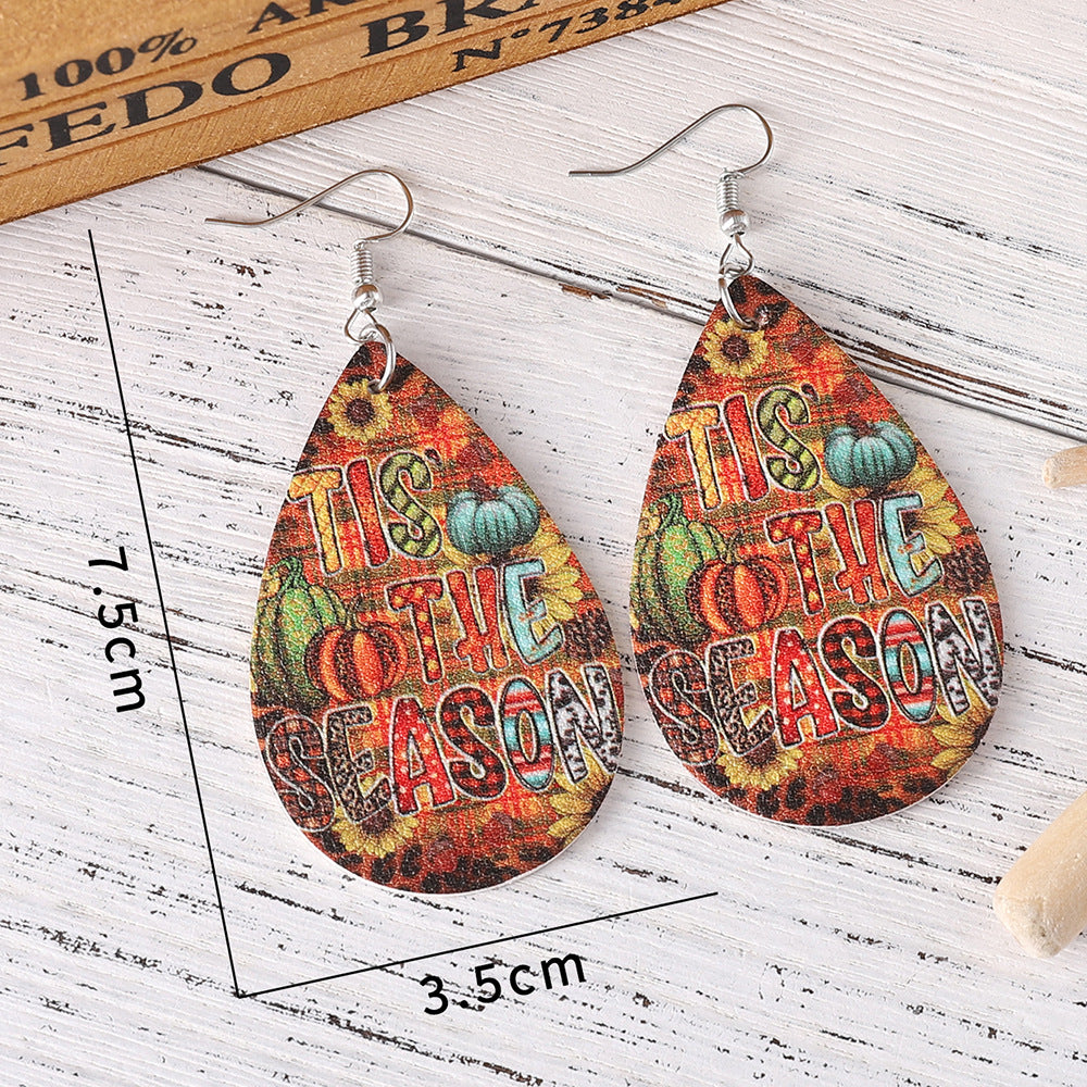 Wholesale Thanksgiving Autumn Harvest Pumpkin Sunflower Leopard Print PU Leather Earrings ACC-ES-ChuLian088