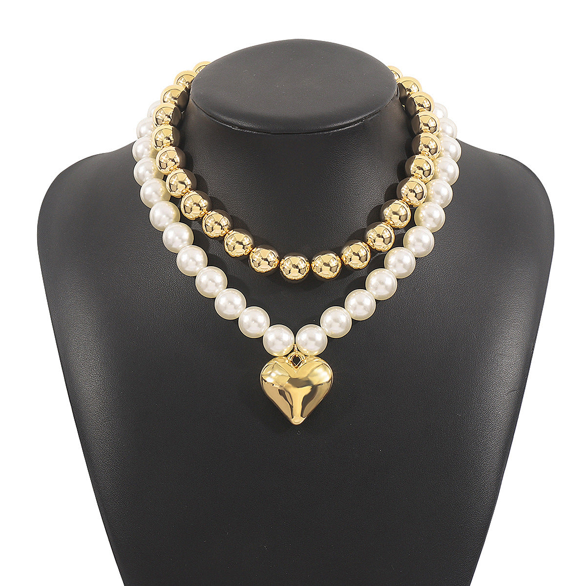 Wholesale  exaggerated  multi-layer round beads stacked heart necklace