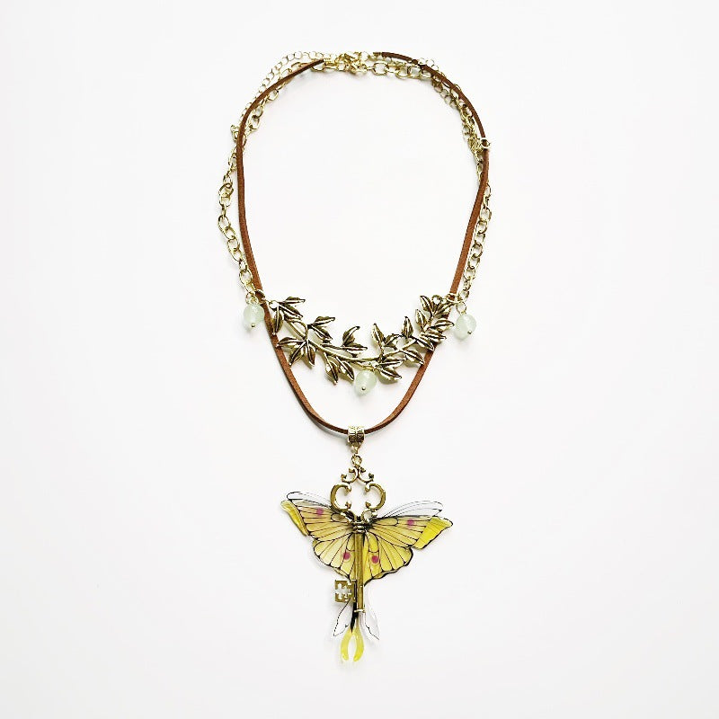 Wholesale Spice Butterfly Key Pendant Necklace Maillard Brown Retro Double-layer Necklace High-grade Leather Clavicle Chain Trendy