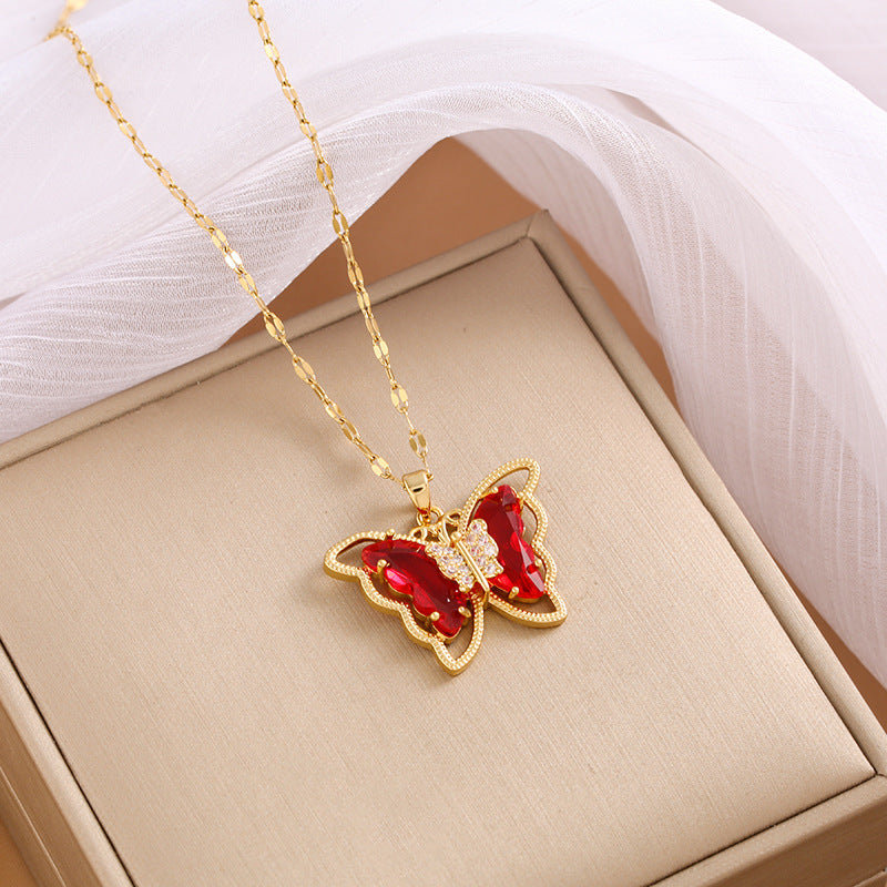 Wholesale Gold Plated Necklace Micro-Inlaid Colored Crystal Butterfly Necklace Titanium Steel Necklace ACC-NE-Nayin004