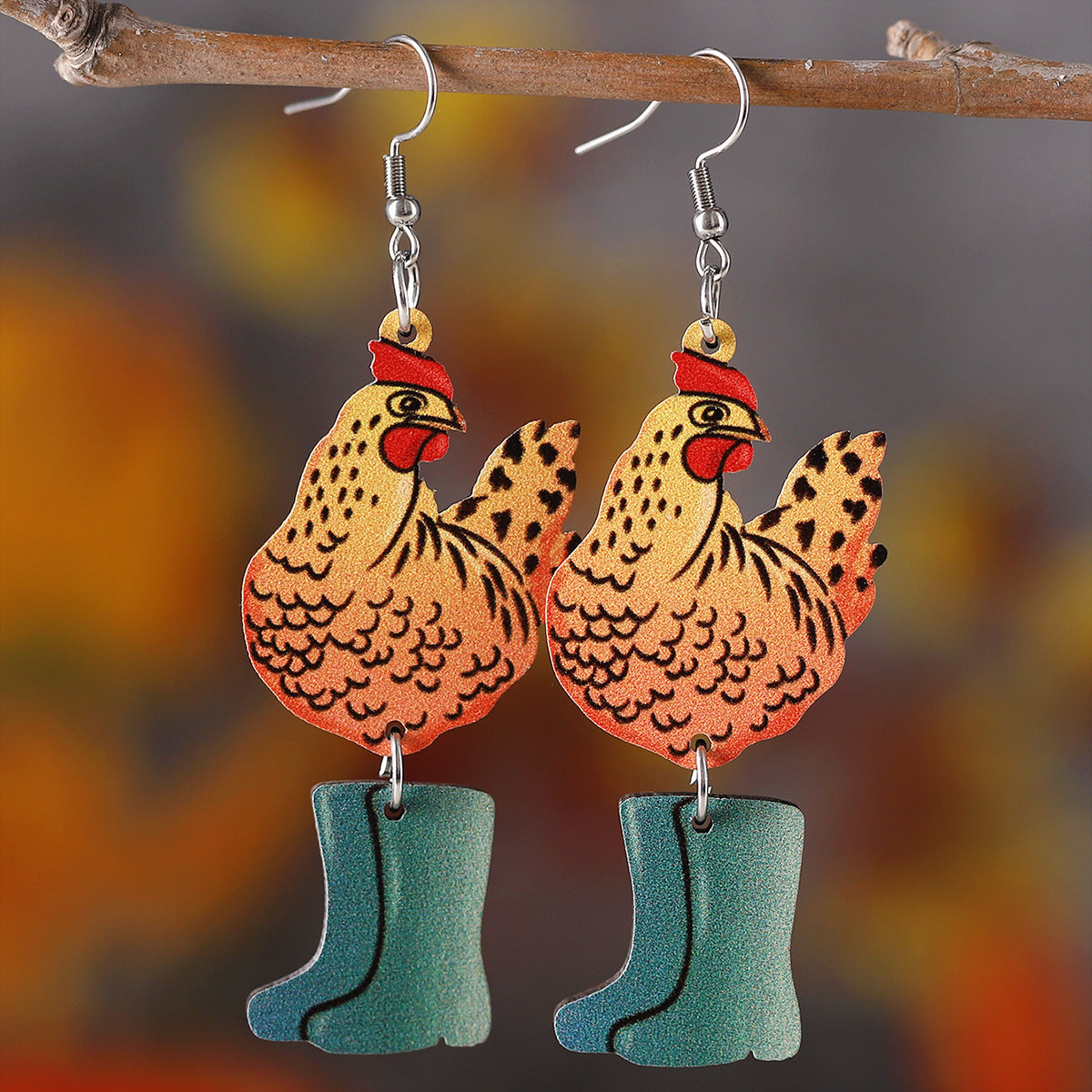 Wholesale Western Farm Cute  Hen Chick Flower Boots  Wooden Double-sided Earrings