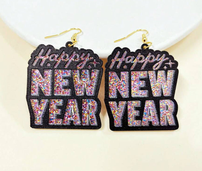 Wholesale fashion Happy New Year acrylic English letter sequined earrings