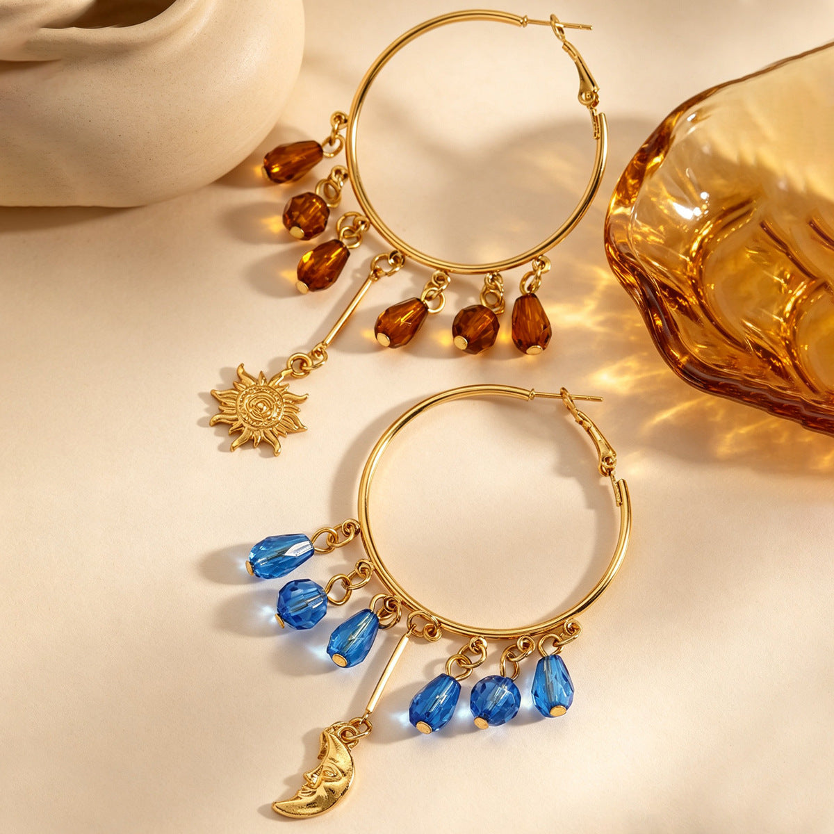 Wholesale Stylish Retro Sun Moon Crystal Tassel Drop Hoop Earrings Gold Tone Party Jewelry Gift