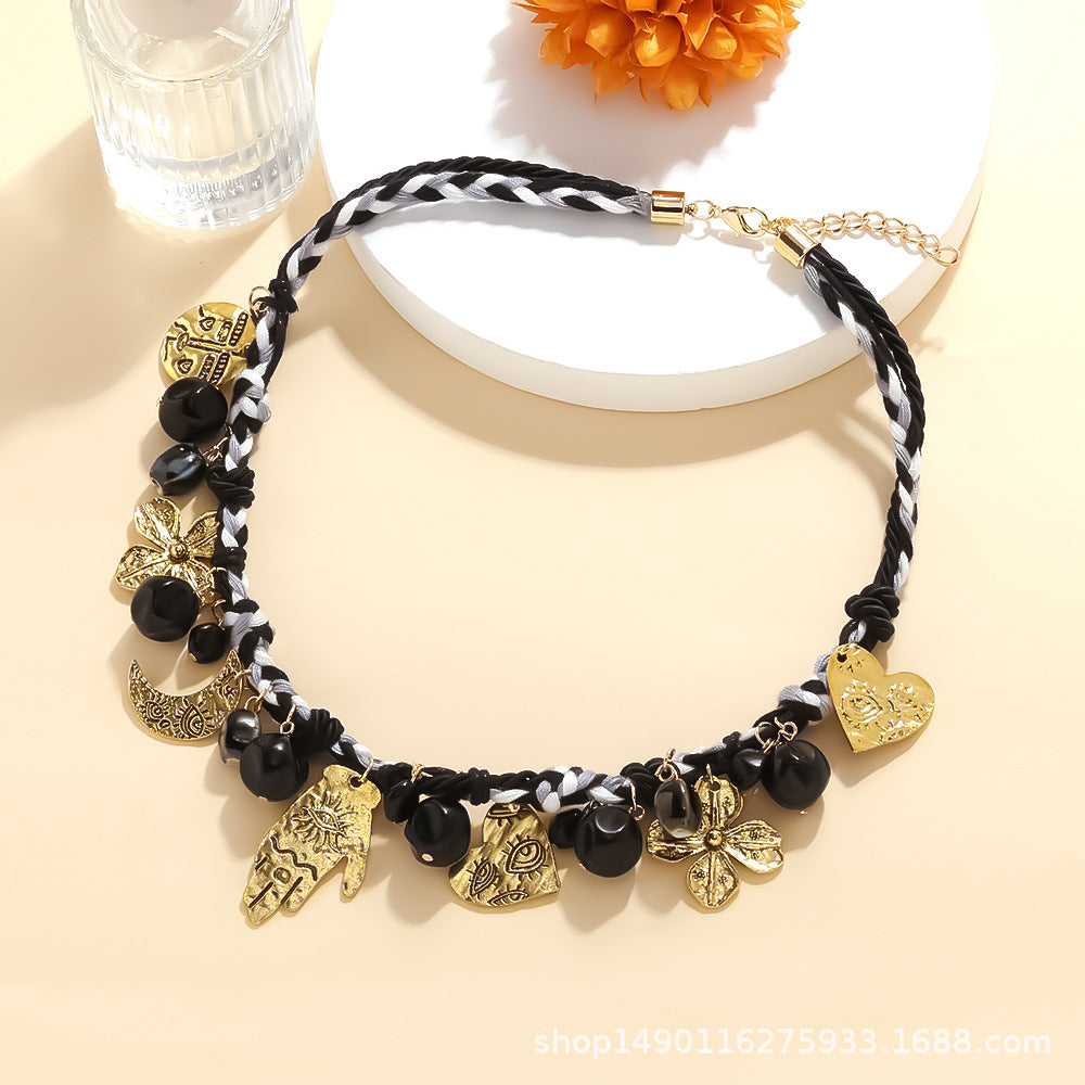 Wholesale Light Luxury Handmade Knot Three-strand Rope Alloy Palm Moon Love Pendant Necklace