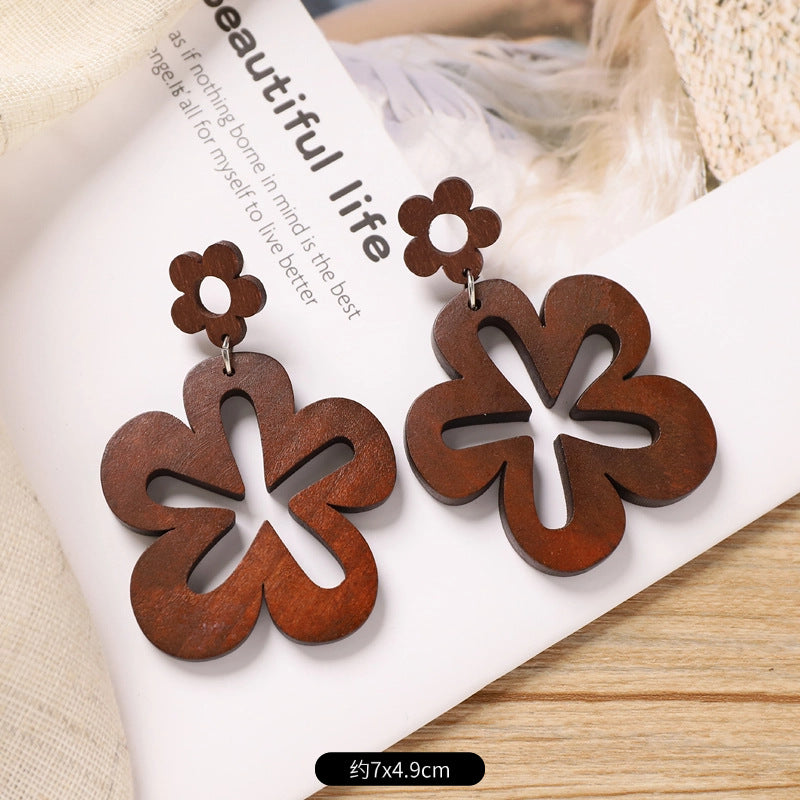 Wholesale Retro Coffee Wooden Earrings Ethnic Style Round Hand Knitted Jewelry Accessory