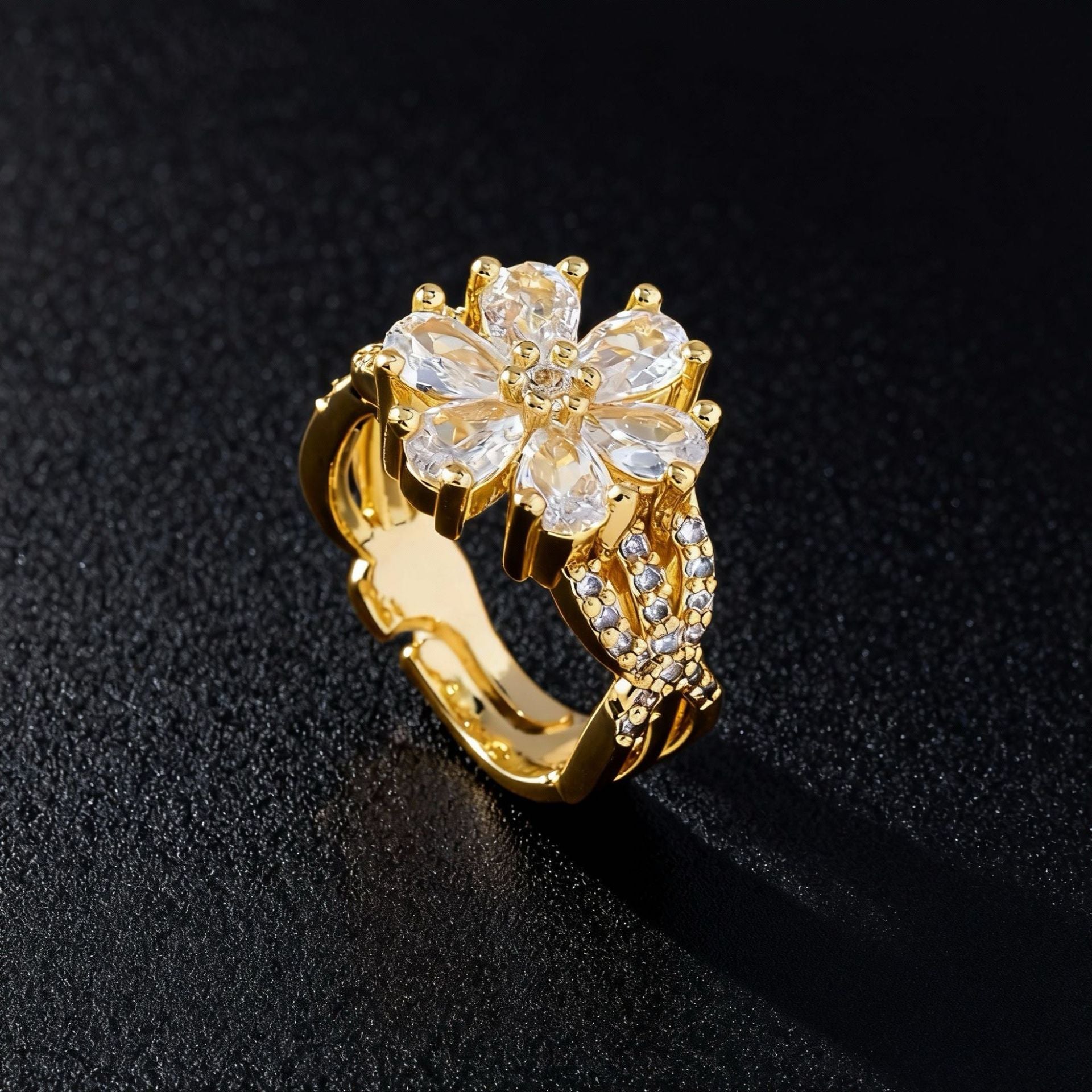 Wholesale Flower Zircon Ring Gold Plated Copper Open Ring Women Chic Fashion Accessory Gift Boutique Resale
