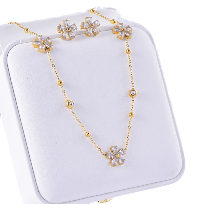 Wholesale  Flower Zircon Necklace suit Black and White Double-sided Diamond Necklace Earrings Set