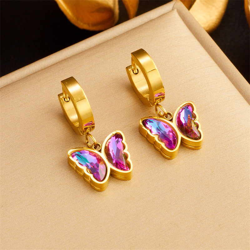 Wholesale Colorful Purple Rhinestone Butterfly Gold Plated Titanium Steel Earrings ACC-ES-QianYue007