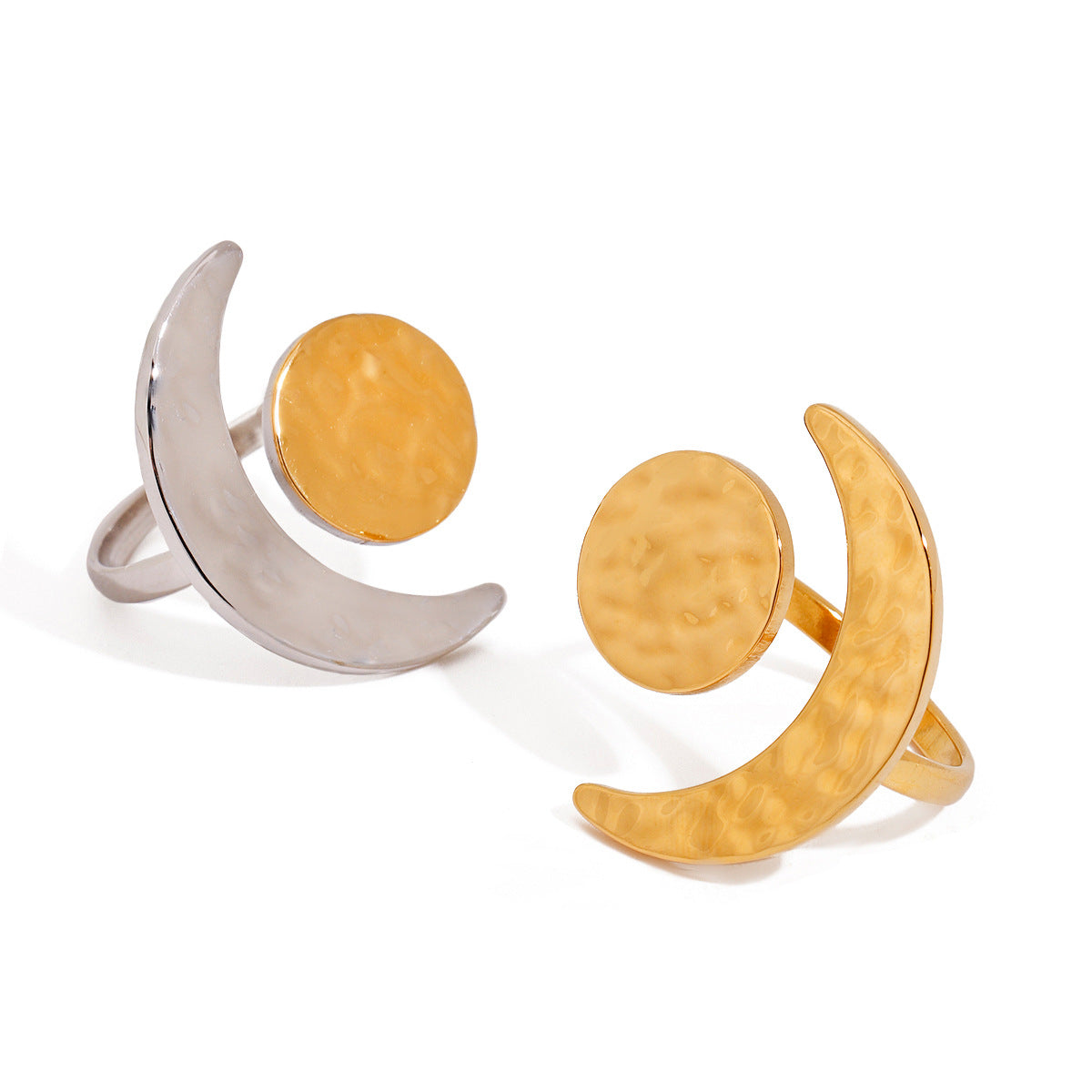 Wholesale  18K Gold Stainless Steel Hammered Moon and Sun Adjustable Open Ring