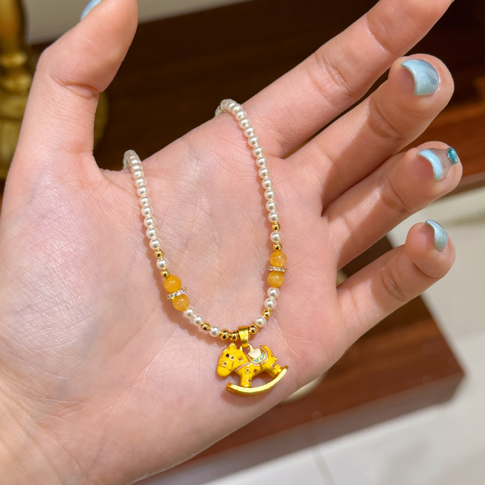 Wholesale Summer Cute Color Dopamine Oil Enamel Trojan Horse Pearl Necklace