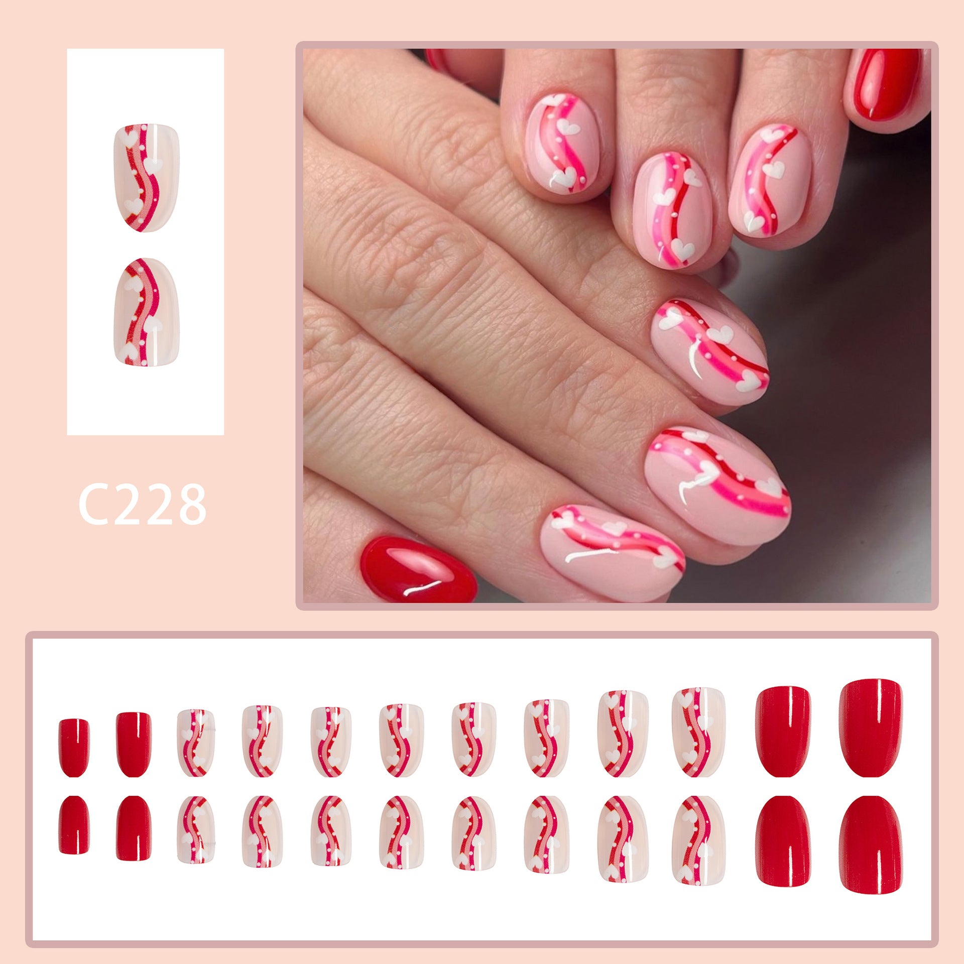 Wholesale 24 Pieces/box Valentine's Day Glossy Oval Striped Heart Manicure Press-on Nails Kits Nail Stickers ACC-NS-GuaiXL053
