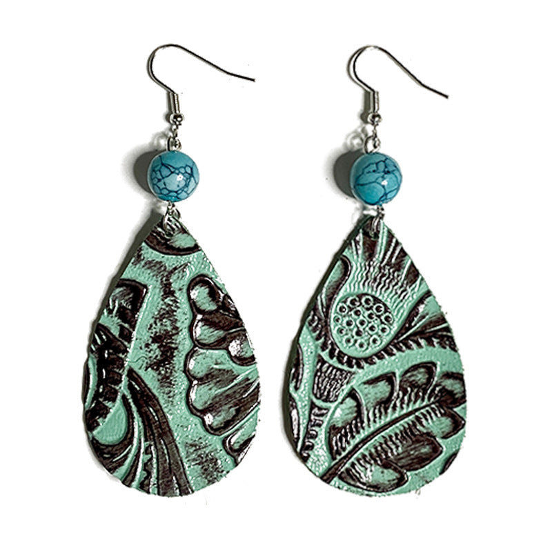 Wholesale Vintage Leather Earrings Western Style Long Teardrop Turquoise Stitching Earrings ACC-ES-XinChuan037