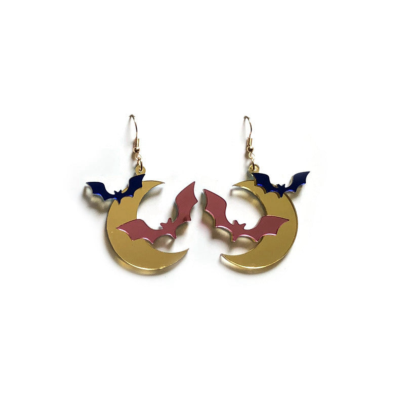 Wholesale Long Mirror Acrylic Gold Moon Bat Earrings  Fashion Accessory