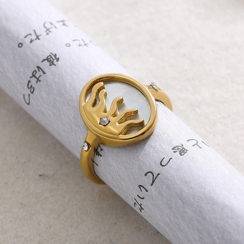 Wholesale Stainless steel 18K gold mother-of-pearl sun diamond open ring