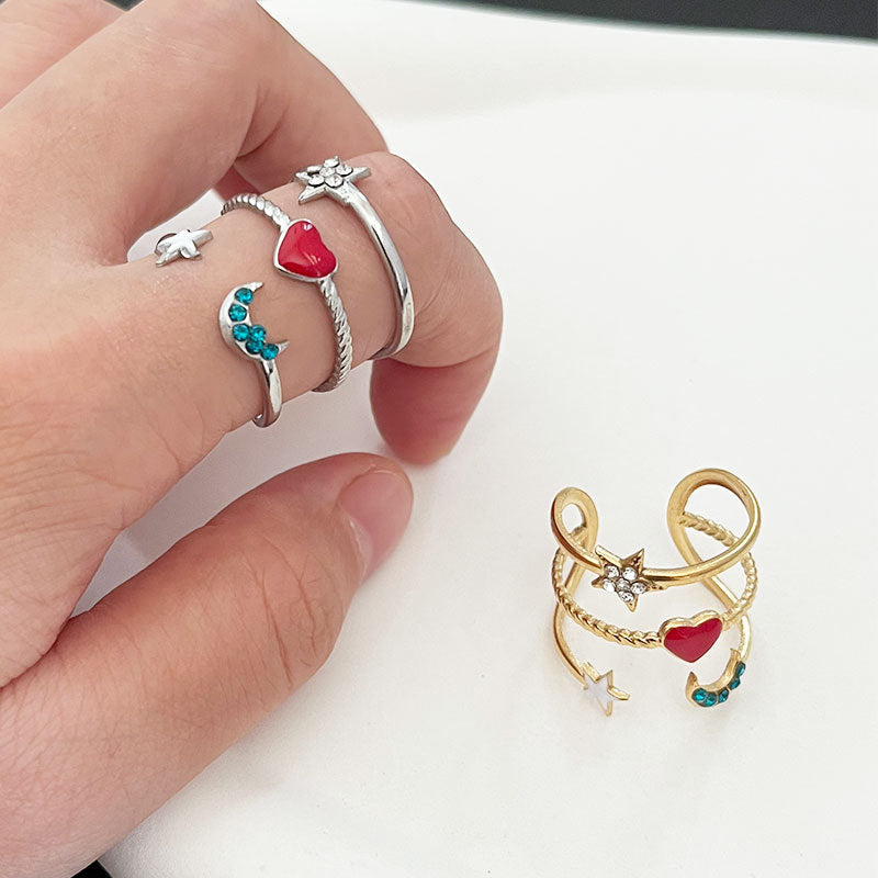 Wholesale creative design stainless steel opening adjustable color dripping star Moon Love Ring