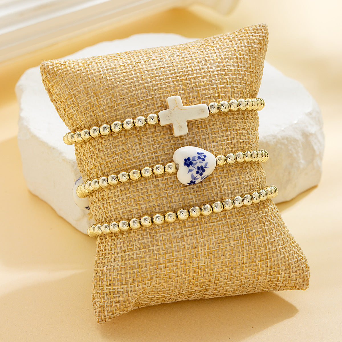 Wholesale Turquoise Cross Ceramic Heart-Shaped Pearl Beaded Stretch Bracelet