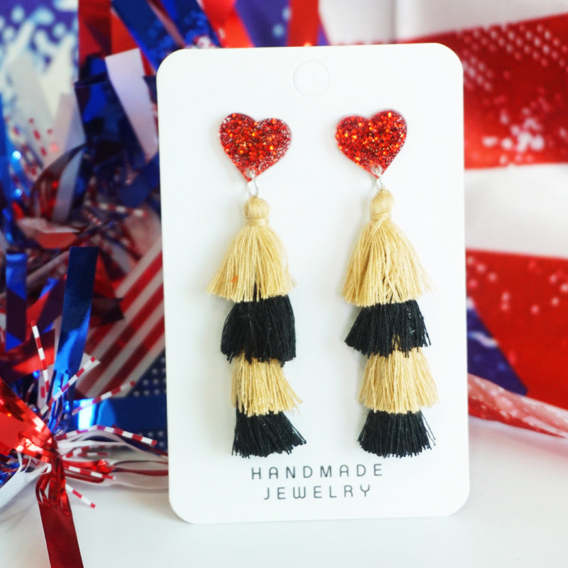 Wholesale 2 Pairs/pack American Independence Day Multi-layered Tassel Love Silk Earrings ACC-ES-HY041