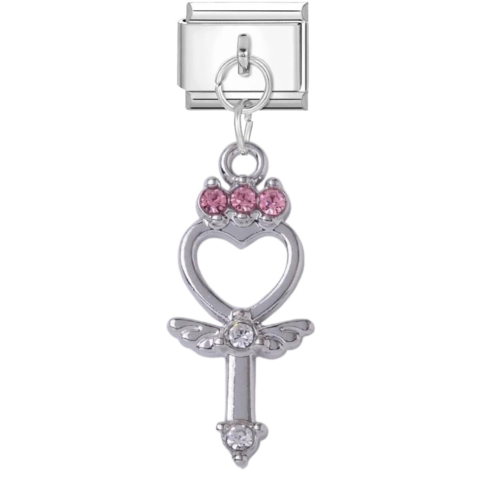 Wholesale DIY Bracelet Charms Pink Crystal Heart Wand Pendant Silver Edge Titanium Steel Jewelry Accessory For Casual Gift