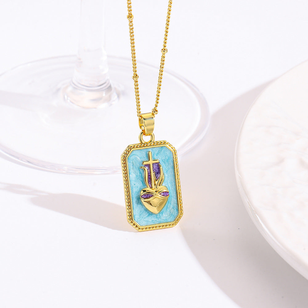 Wholesale square color dripping copper love conch shell eye moon jellyfish tarot pendant necklace
