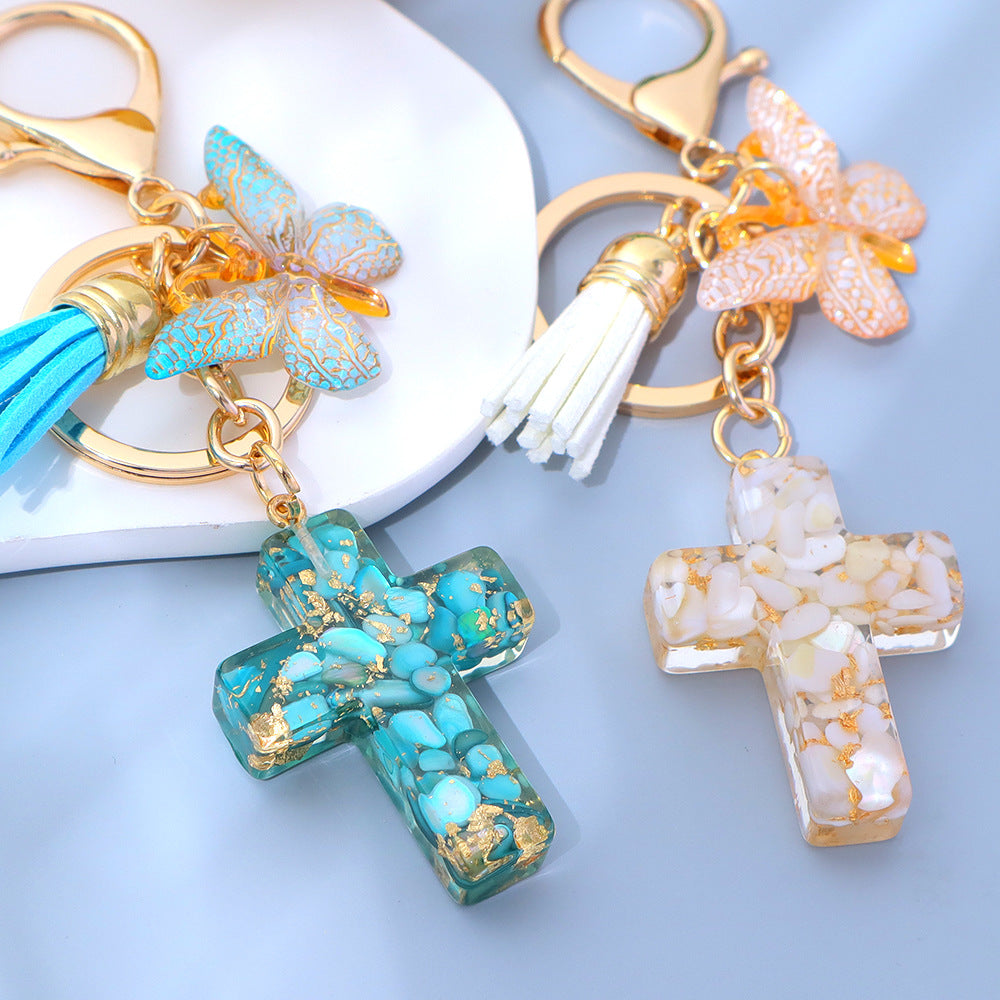 Wholesale Little Fresh Resin Butterfly Cross Keychain Tassel Bag Pendant Boutique Resale