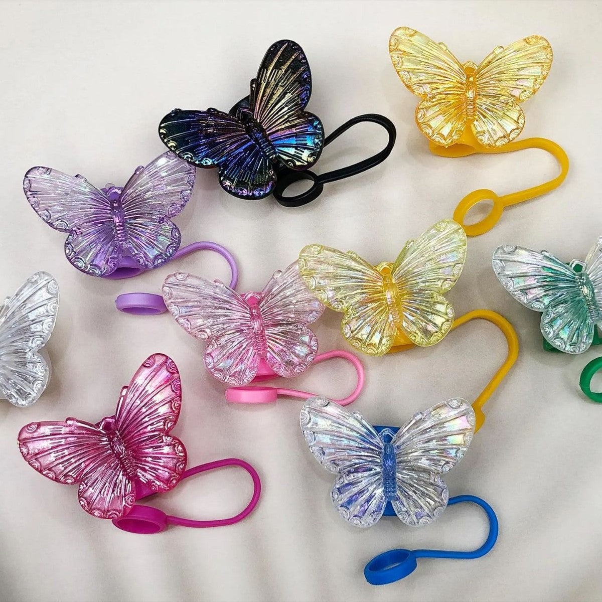 Wholesale  10mm Shiny Laser Butterfly PVC Soft Straw Tube Cap