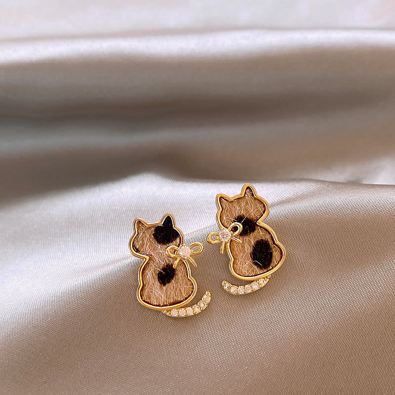Wholesale Light Luxury Leopard Print Kitten Earrings Diamond Inlay Alloy Jewelry Gift for Party Boutique Resale