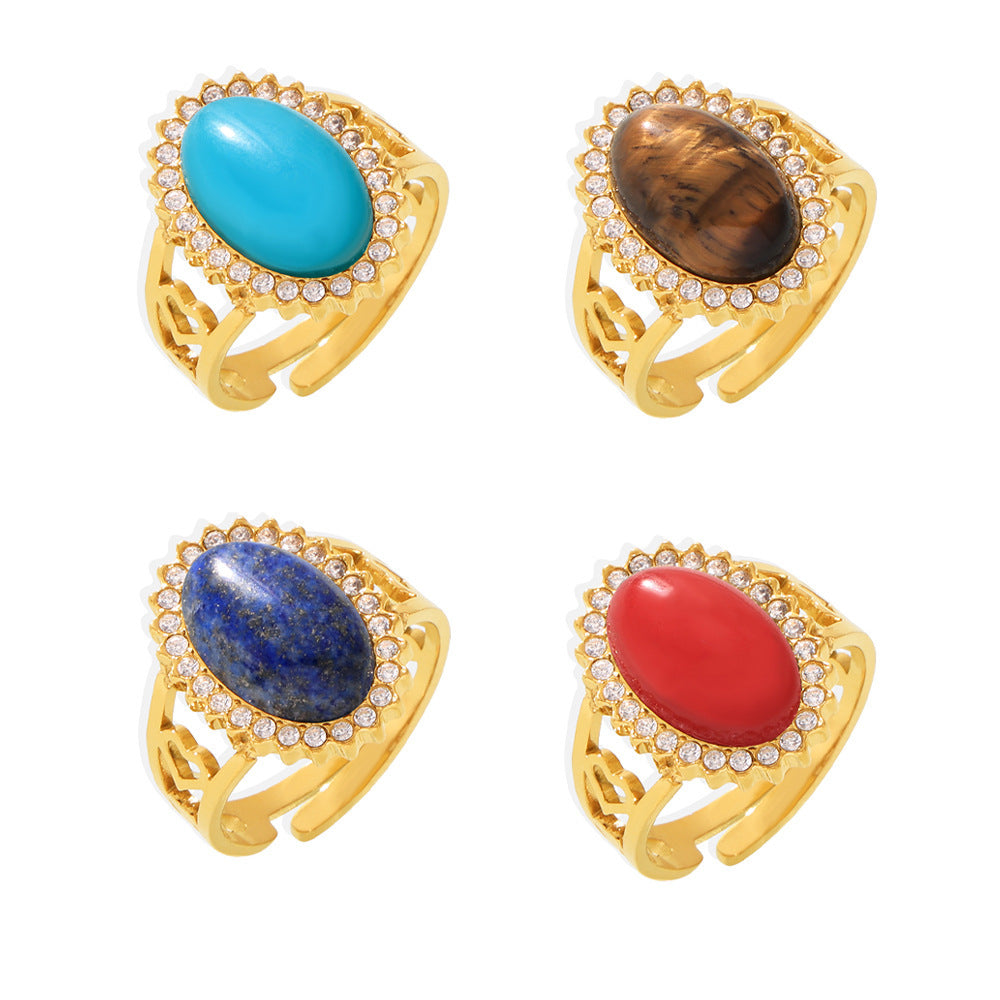 Wholesale Stainless steel Wave zircon oval natural stone open ring