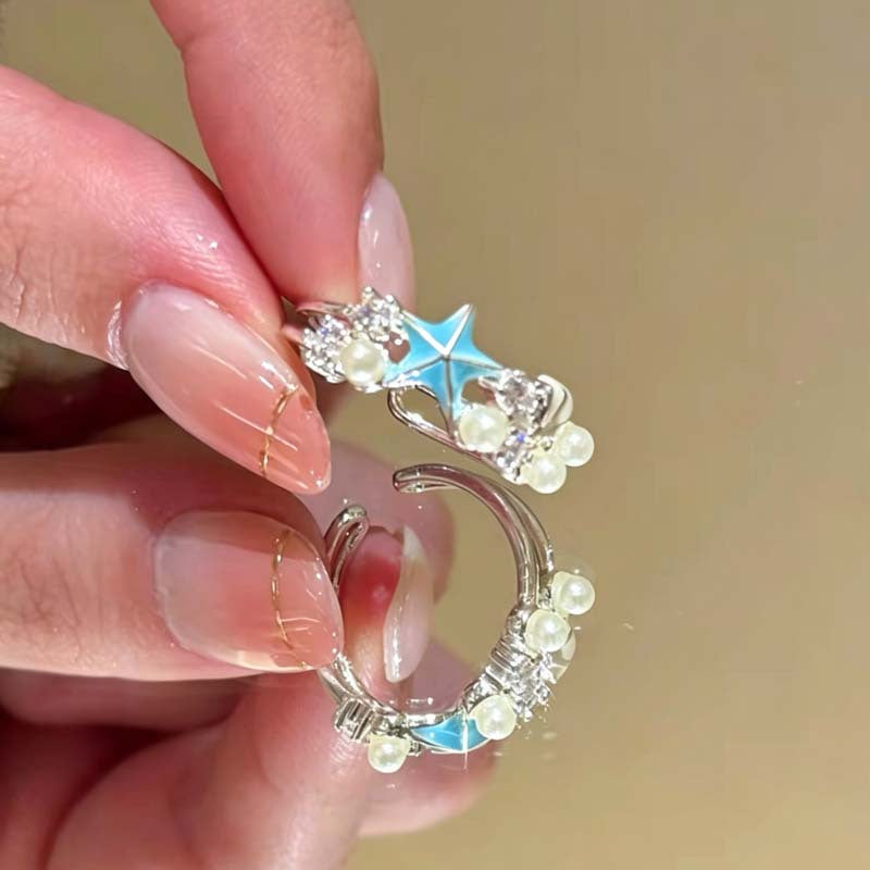 Wholesale Stylish Blue Starfish Shell Open Ring For Women Seaside Vacation Adjustable Size Zinc Alloy Jewelry Gift