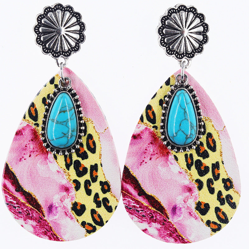 Wholesale Western Denim style leopard print alloy turquoise leather earrings