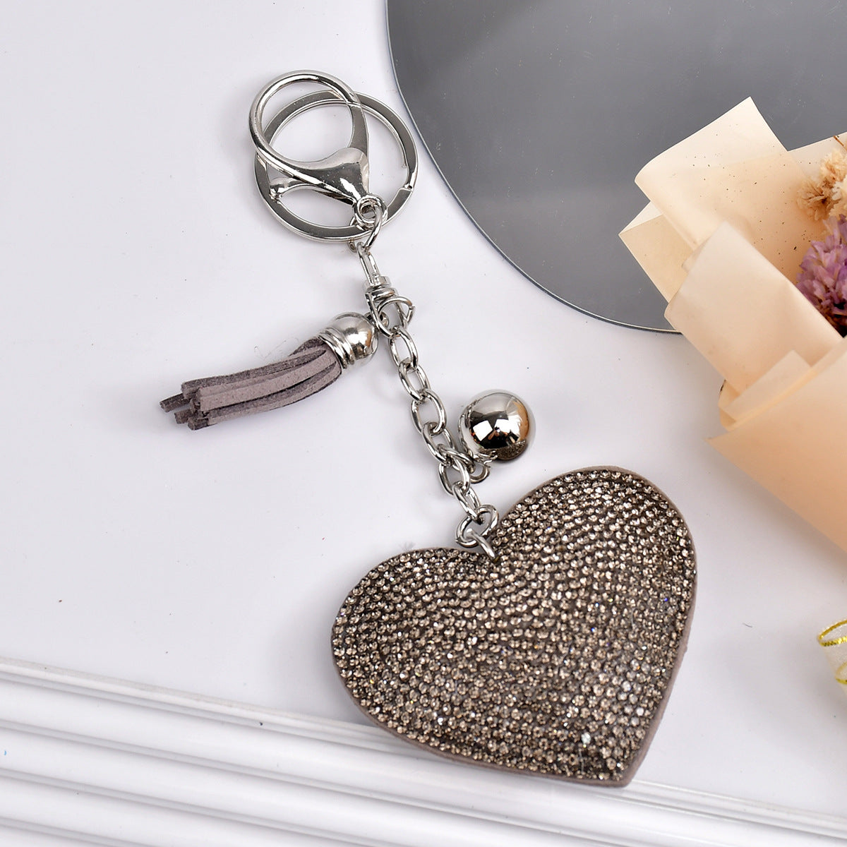 Wholesale  Peach Heart Rhinestone Leather Keychain