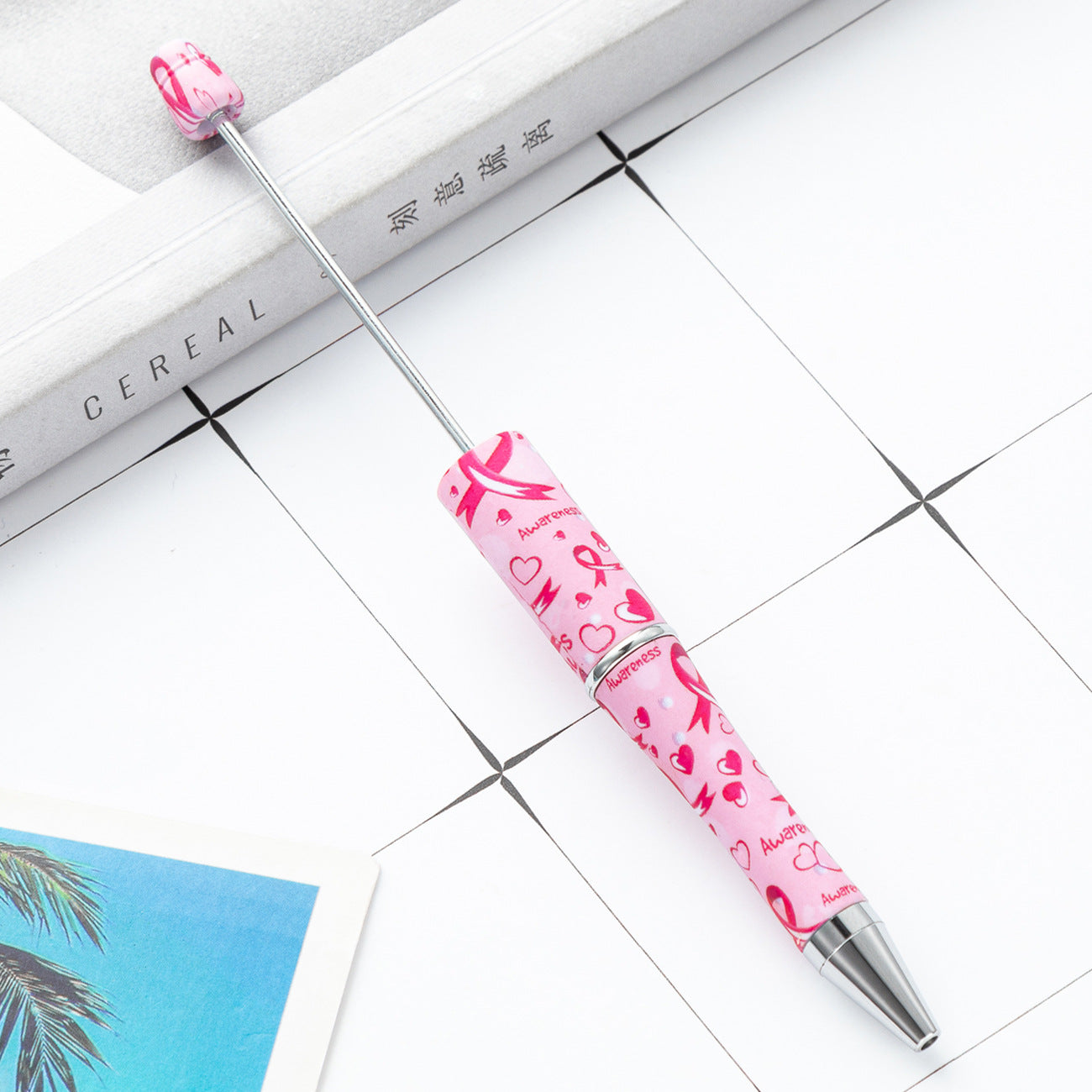 Wholesale Beadable Pens Pink Ribbons Print Plastic Pen DIY for Beaded