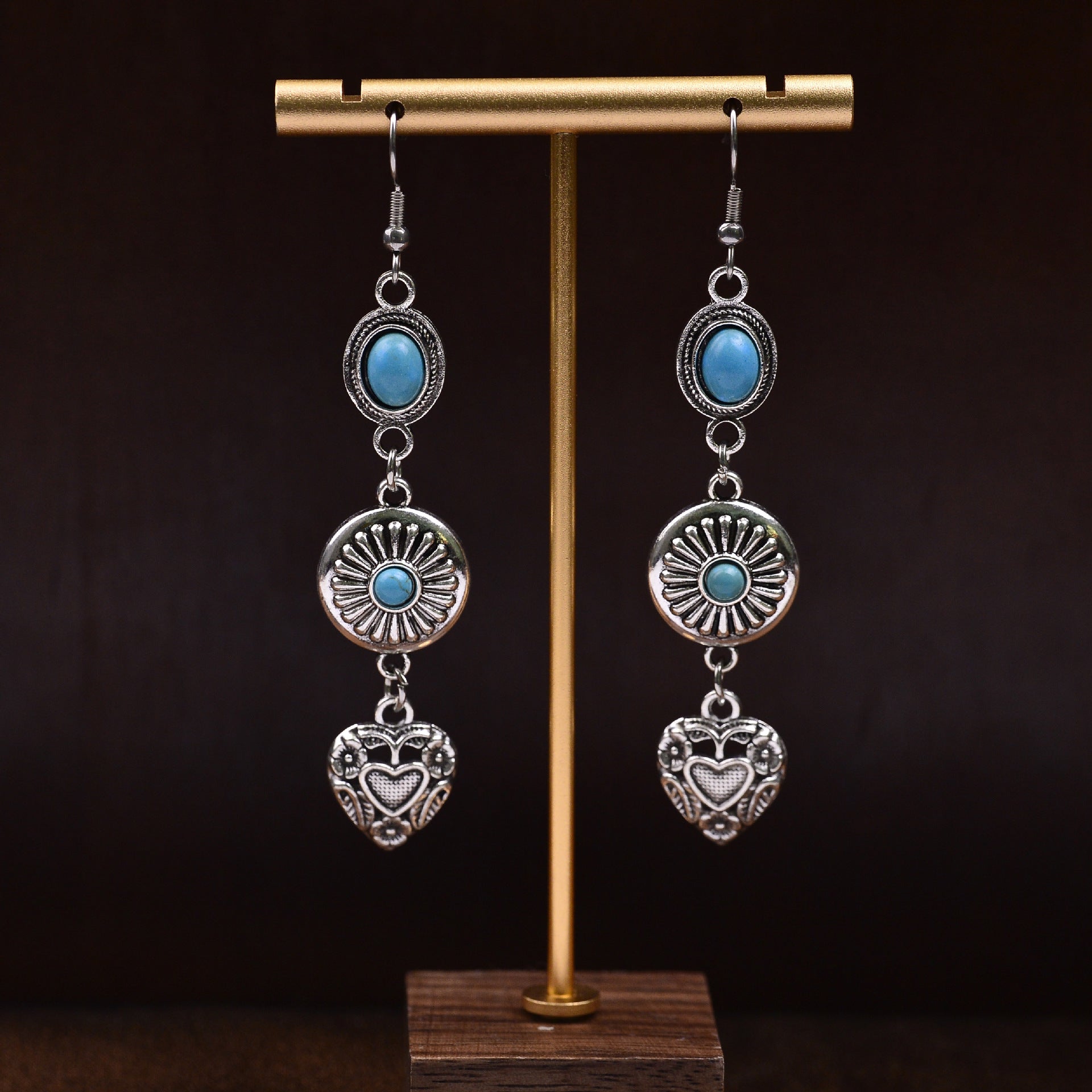 Wholesale Vintage Bohemian Elegant Distressed Texture Floral Heart Pendant Earrings with Turquoise Long Tassel Ear Jewelry