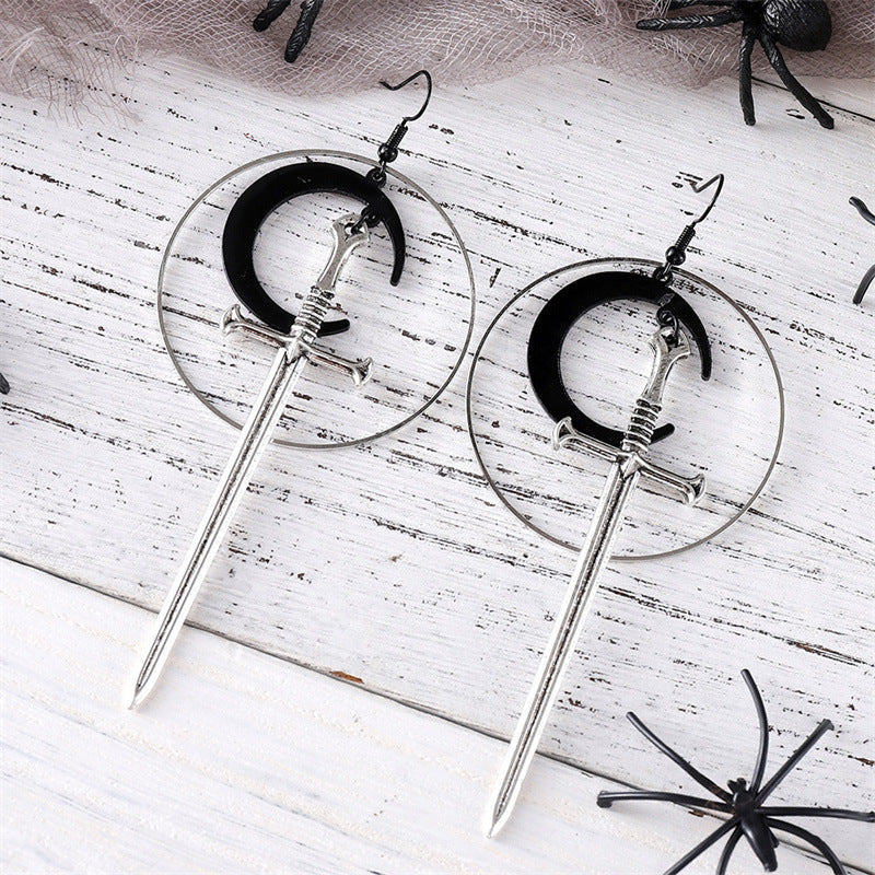 Wholesale Gothic Silver Circle Black Moon Sword Earrings