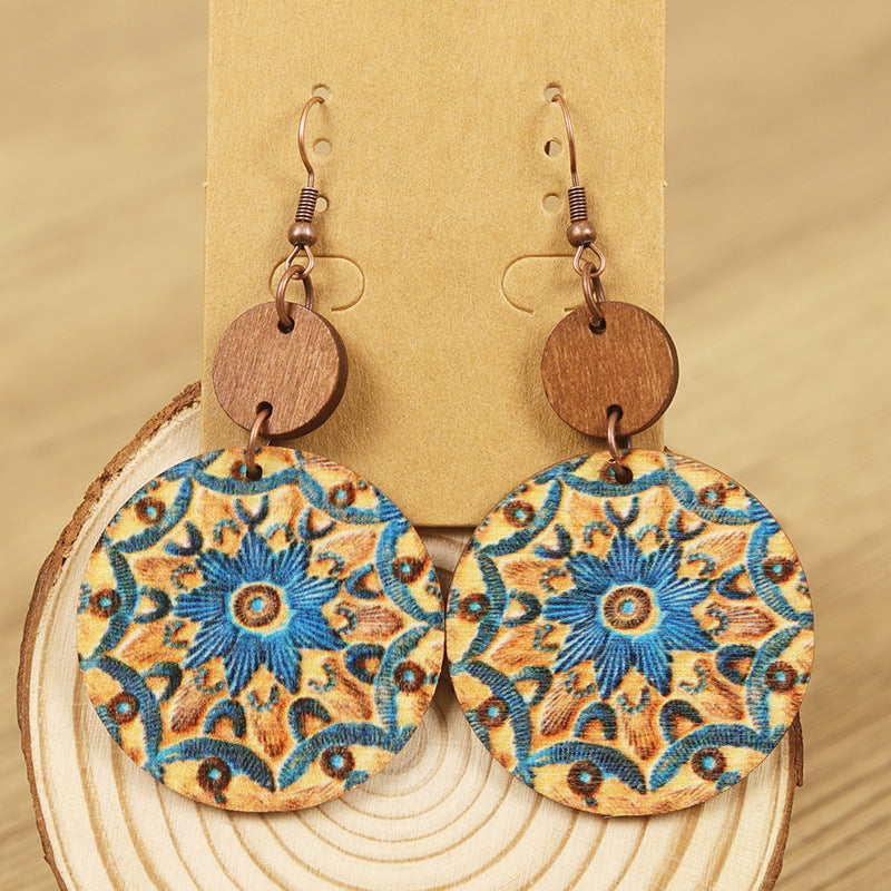 Wholesale  Bohemian Style  Flower Pattern Wooden Disc Splicing Women's Wooden Earrings