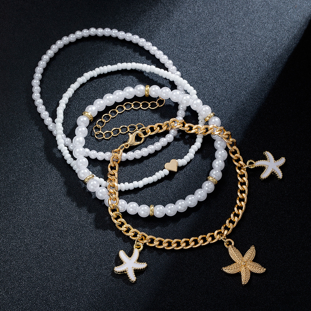 Wholesale Ocean style alloy starfish pendant love white rice pearl multi-layer women's anklet