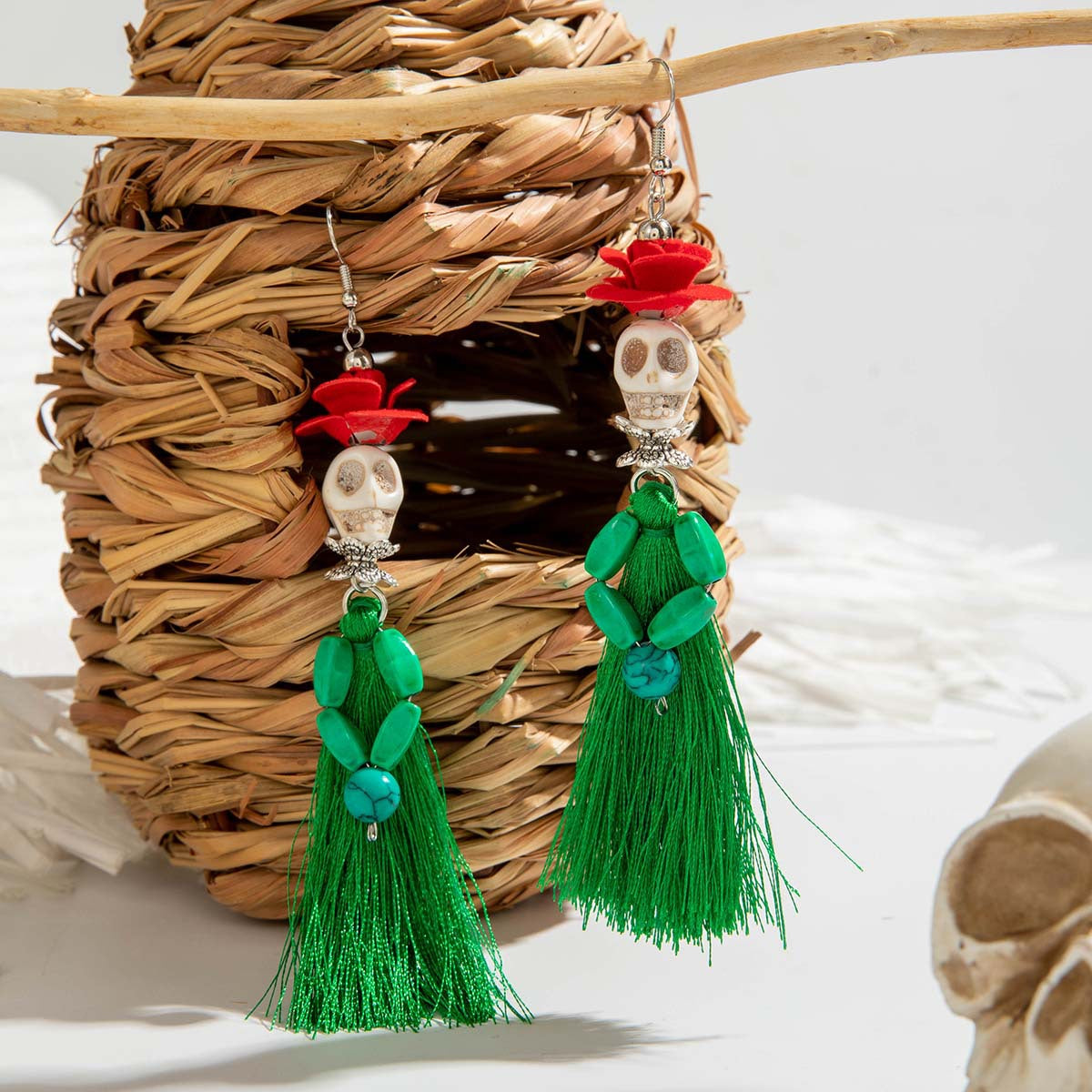 Wholesale   funny  skull tassel rice beads earrings