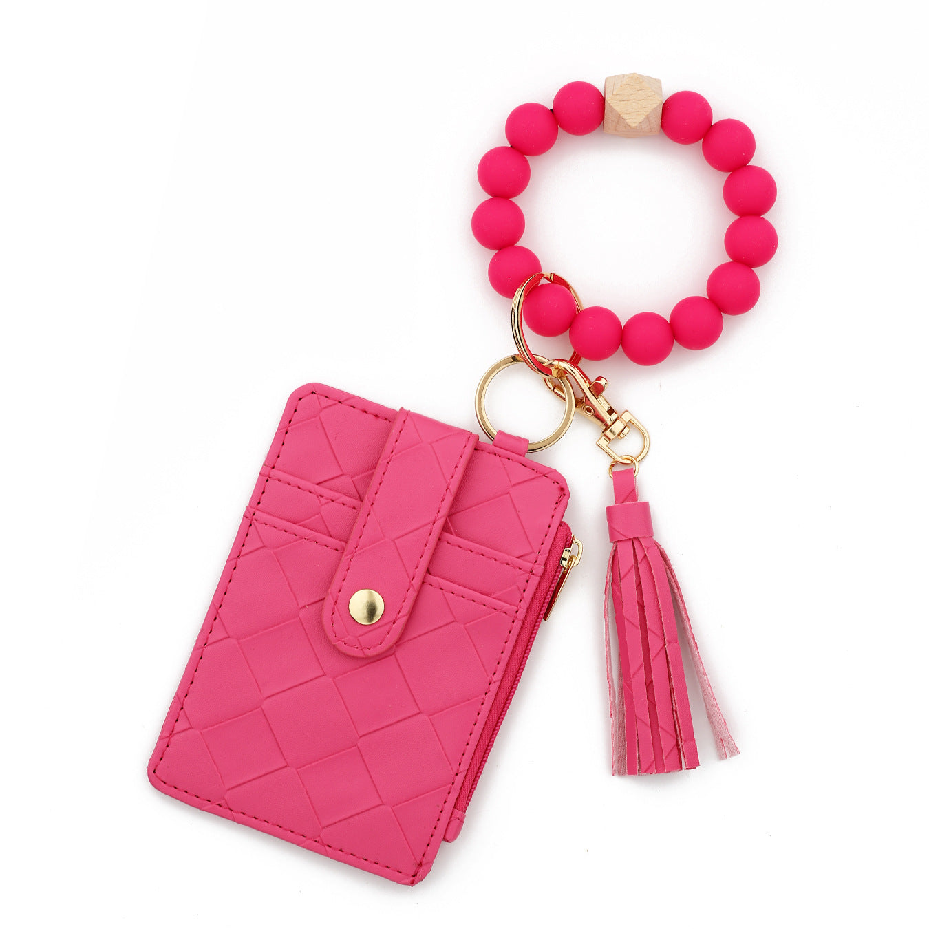 Wholesale Silicone Bead Bracelet Plaid Card Bag PU Leather Wristlet Keychain