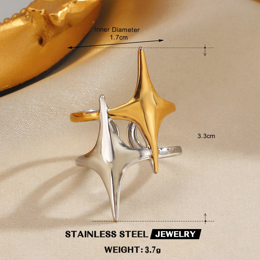 Wholesale Stylish Stainless Steel Star Ring for Women - Retro Geometric Design,  Gold and Steel Color,  Everyday Fashion Accessory