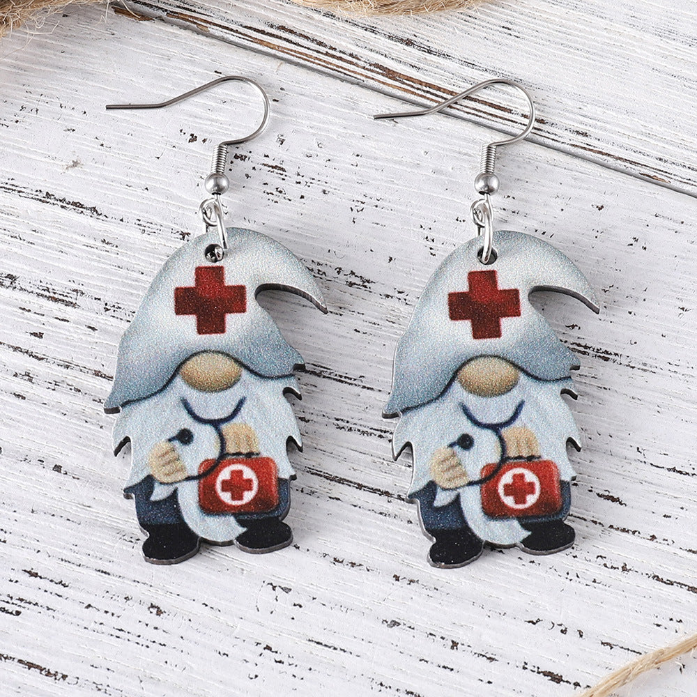 Wholesale Nurses'  Day Gnome Dangle Earrings — Cute Double-Sided Wooden Jewelry