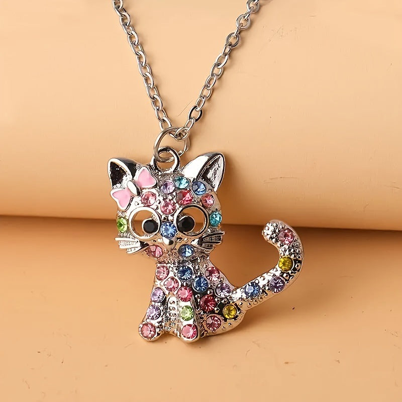 Wholesale Cartoon Colored Rhinestone Cat Alloy Earrings Necklace Ring ACC-NE-XunOu010