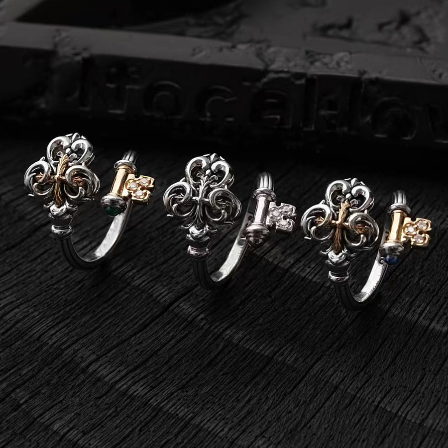 Wholesale Zinc Alloy Electroplated Vintage Petal Key and Cross Design Open Ring Trendy Jewelry Accessory for Gift and Resale